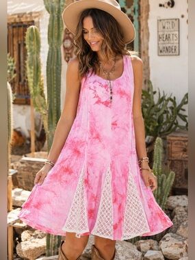 Ecote Pink Tie-Dye Sleeveless Chemise with White Crochet Panels